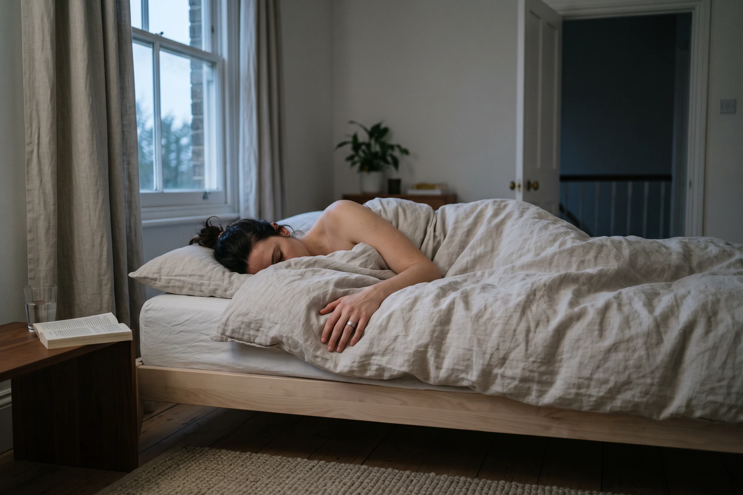 A man asleep in a bright bedroom