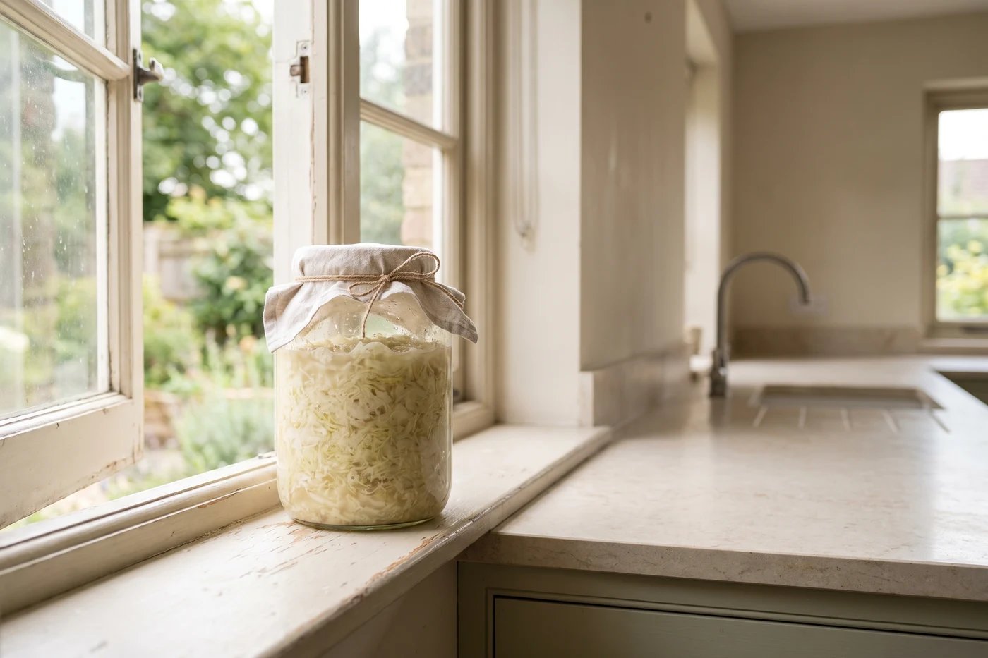 A jar of ferment part way through its week on a kitchen windowsill