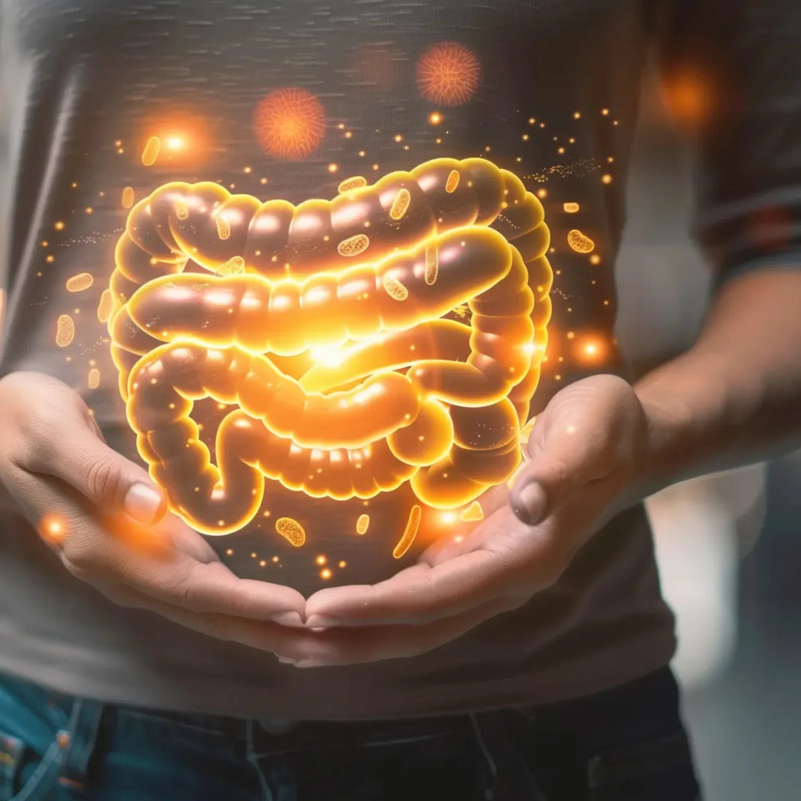 Hands cupped around a glowing drawing of the gut