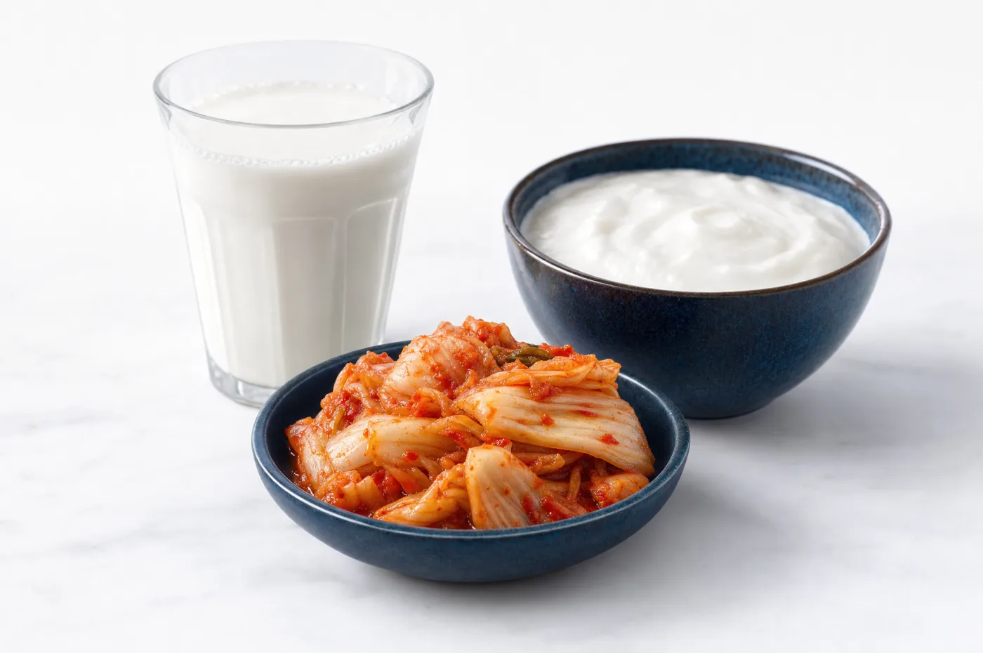A glass of kefir beside bowls of yoghurt and kimchi on a pale marble surface
