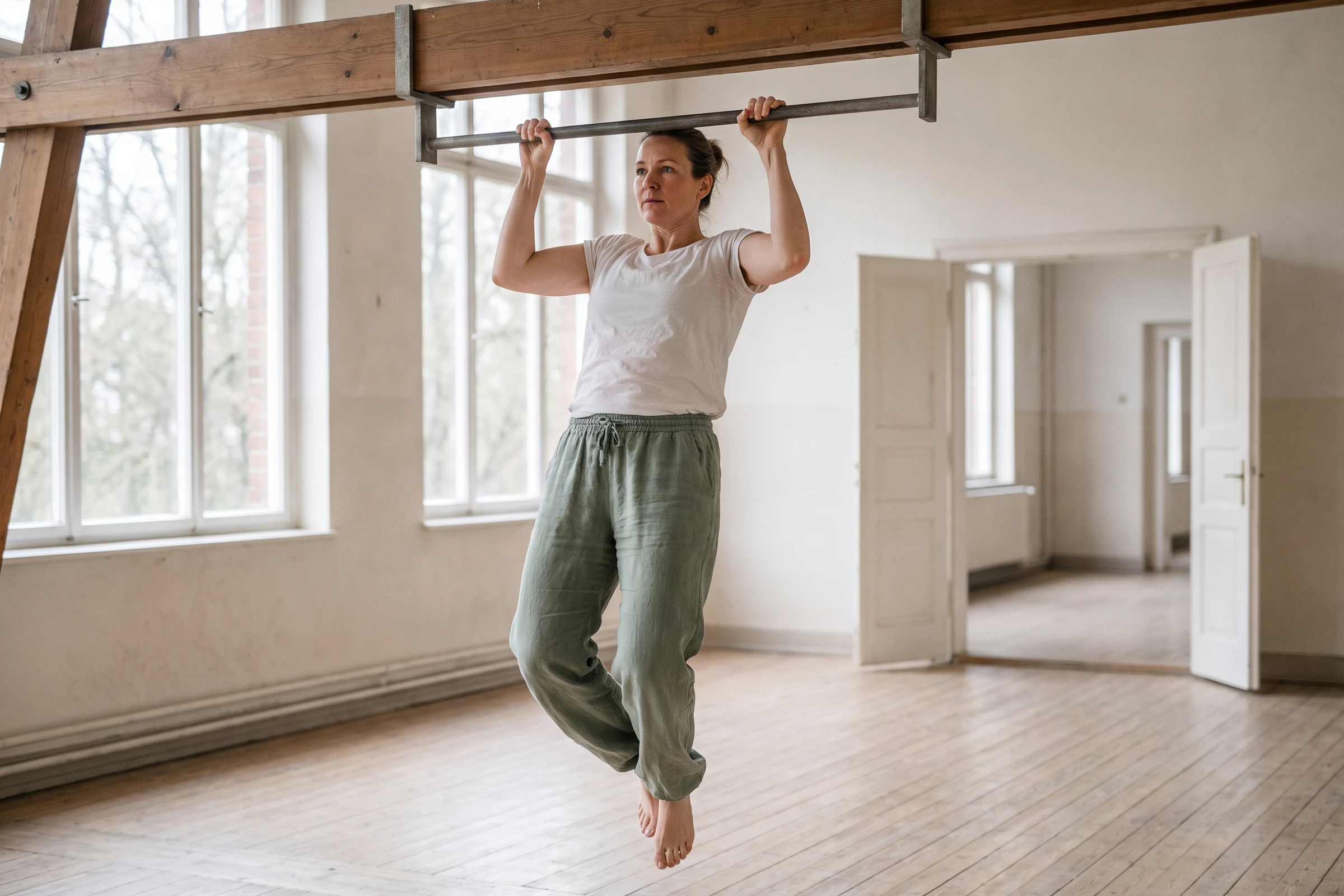 A woman holding a pull up bar in a bright, empty studio