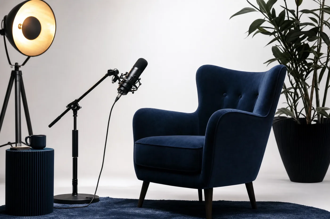 A navy armchair beside a studio microphone and a lamp, set up for a recording