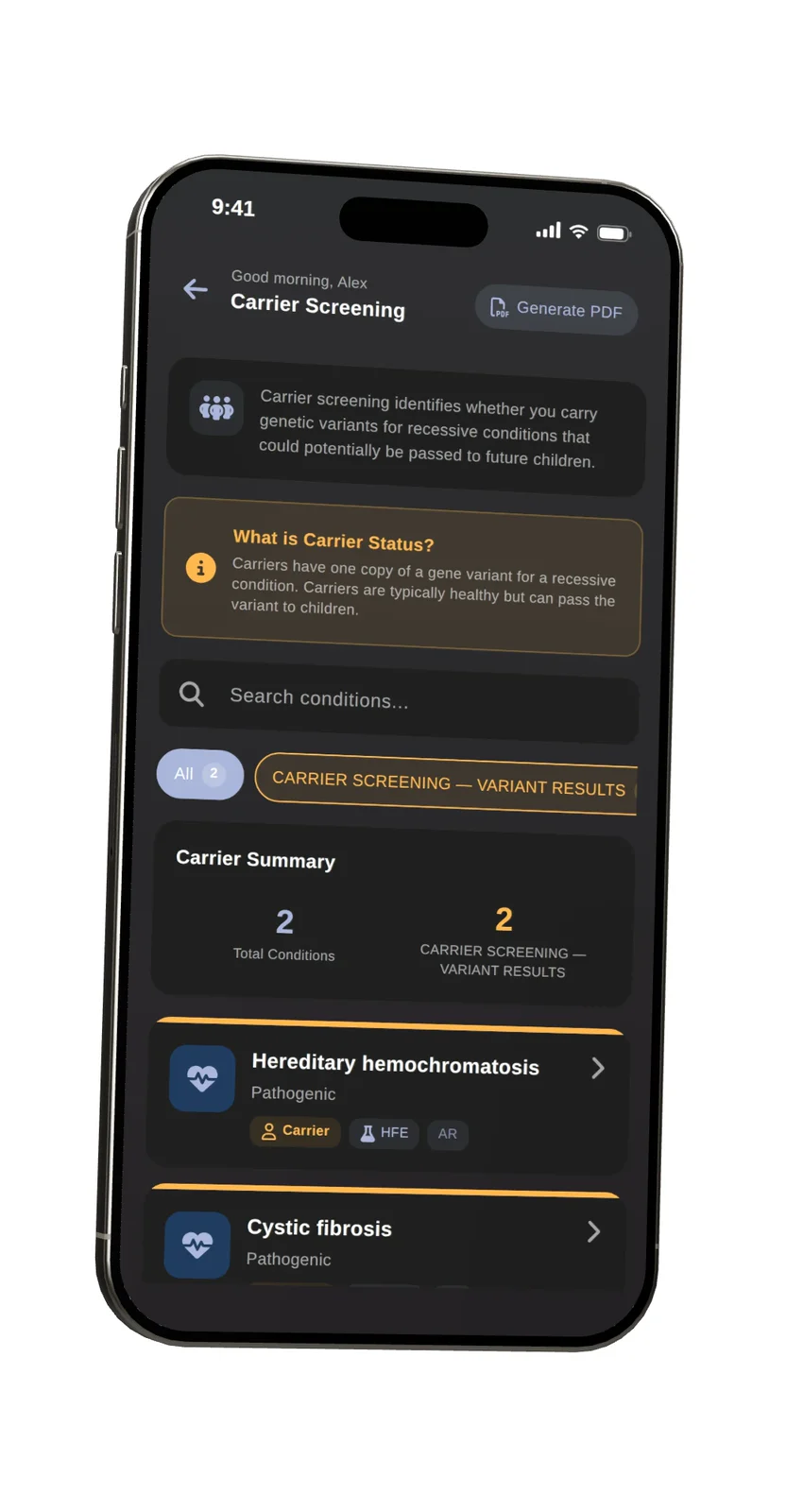Carrier Screening Test results in the Phenome app, on a phone
