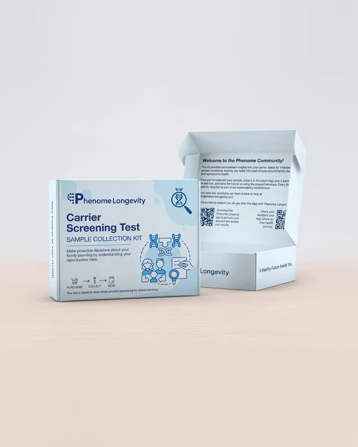The Carrier Screening Test kit beside its opened box on a studio table