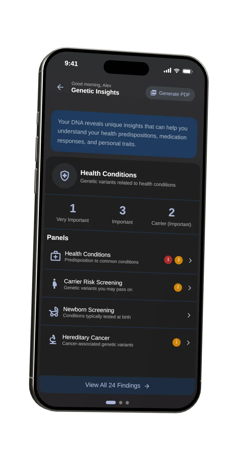 Comprehensive Genomic Test results in the Phenome app, on a phone
