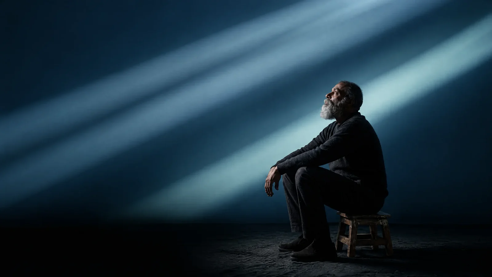 A man sitting in a beam of blue light