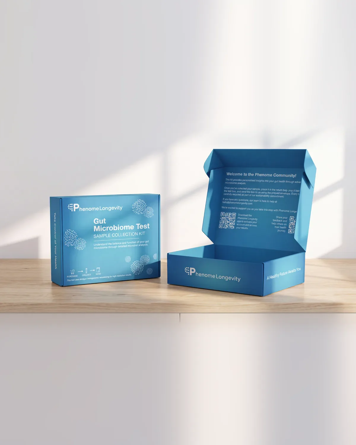 The Gut Microbiome Test kit beside its opened box on a wooden counter