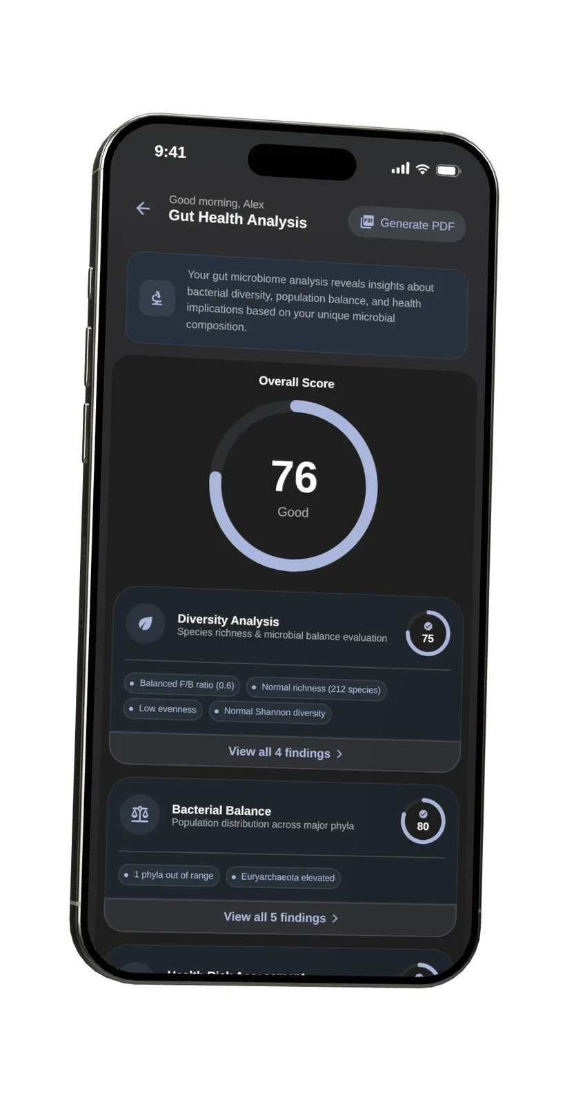 Gut Microbiome Test results in the Phenome app, on a phone