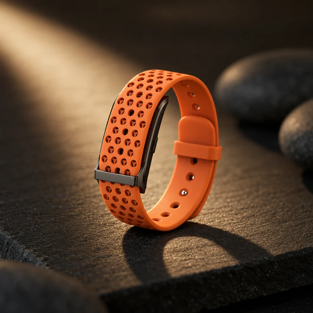 The PhenomeTech Band in Ember sport silicone, standing on dark stone in evening light