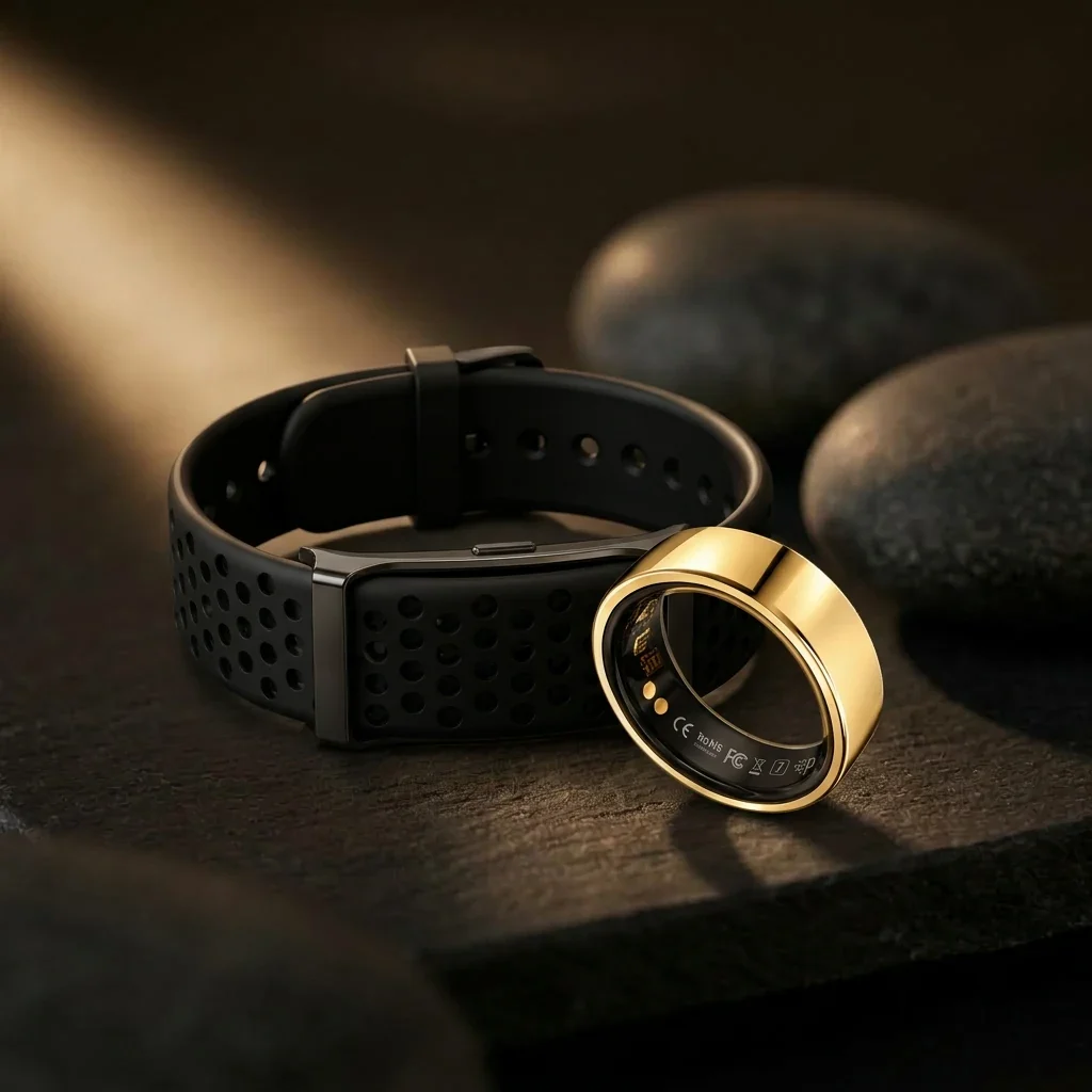 The PhenomeTech Band in Onyx beside the PhenomeTech Ring in gold, on dark stone in evening light