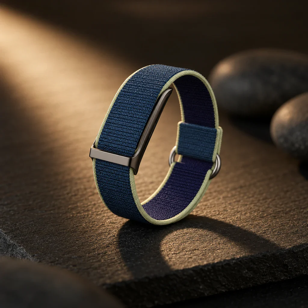 The PhenomeTech Band in Tidal woven, standing on dark stone in evening light