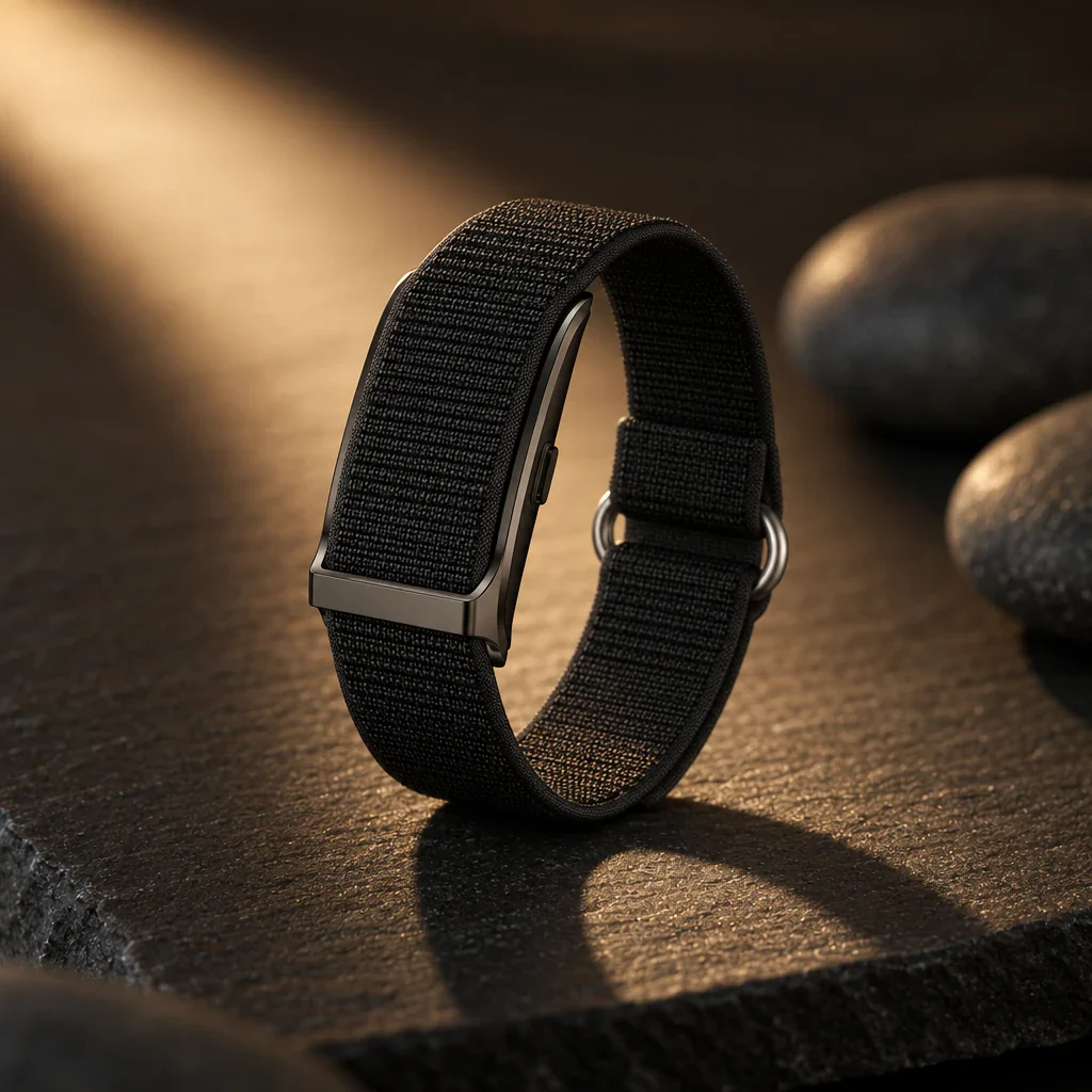 The PhenomeTech Band in Graphite woven, standing on dark stone in evening light