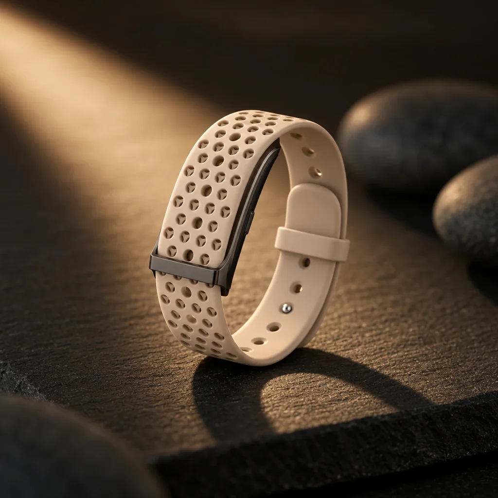 The PhenomeTech Band in Dune sport silicone, standing on dark stone in evening light