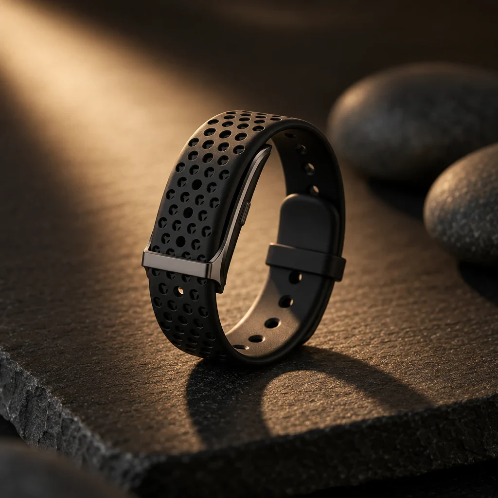 The PhenomeTech Band in Onyx sport silicone, standing on dark stone in evening light