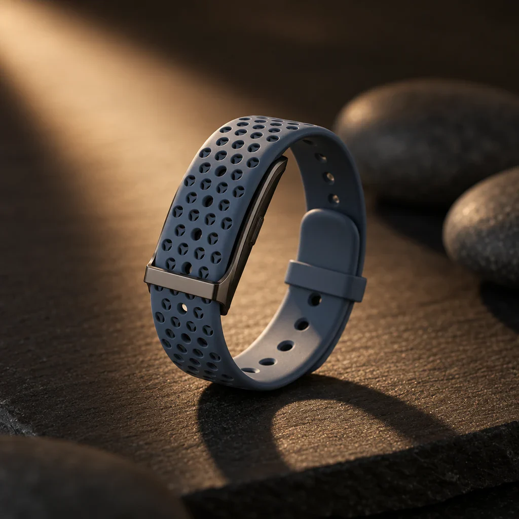 The PhenomeTech Band in Harbour sport silicone, standing on dark stone in evening light