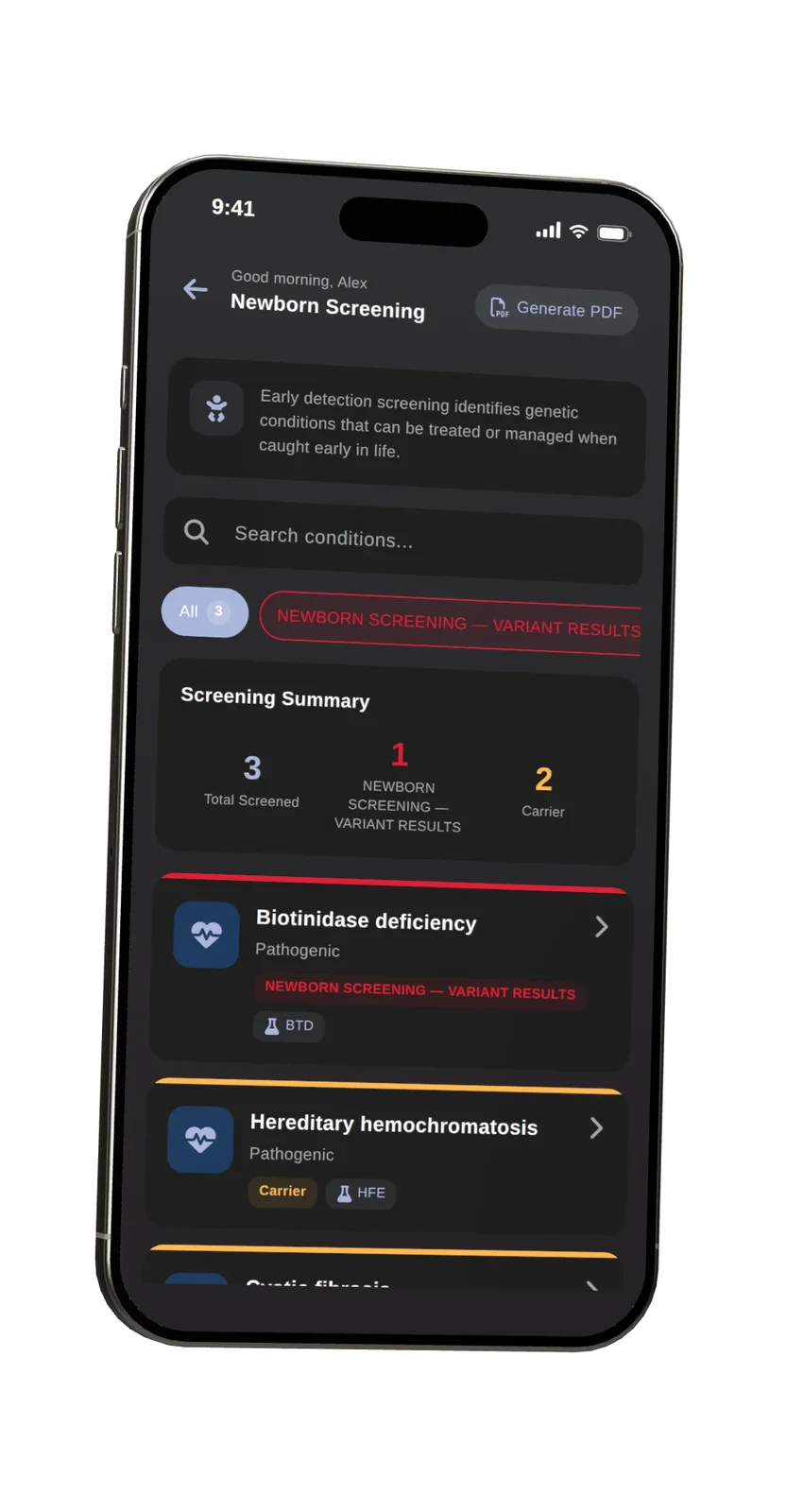 Bir telefonda, Phenome uygulamasında Yenidoğan Tarama Testi sonuçları