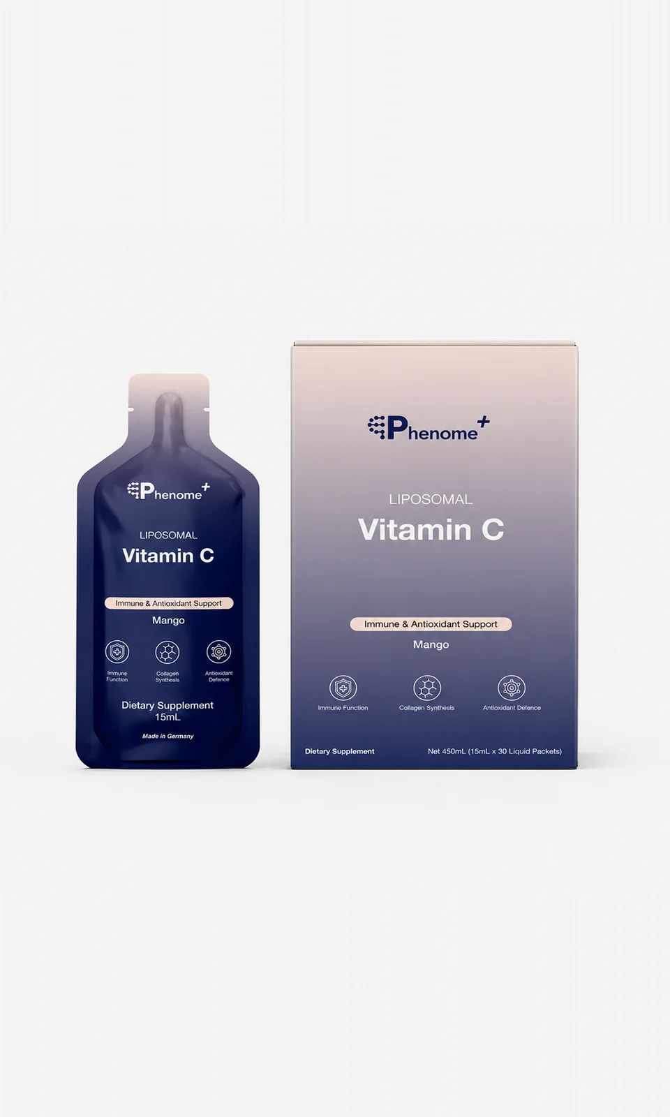 Phenome+ Liposomal Vitamin C: a sachet beside its box