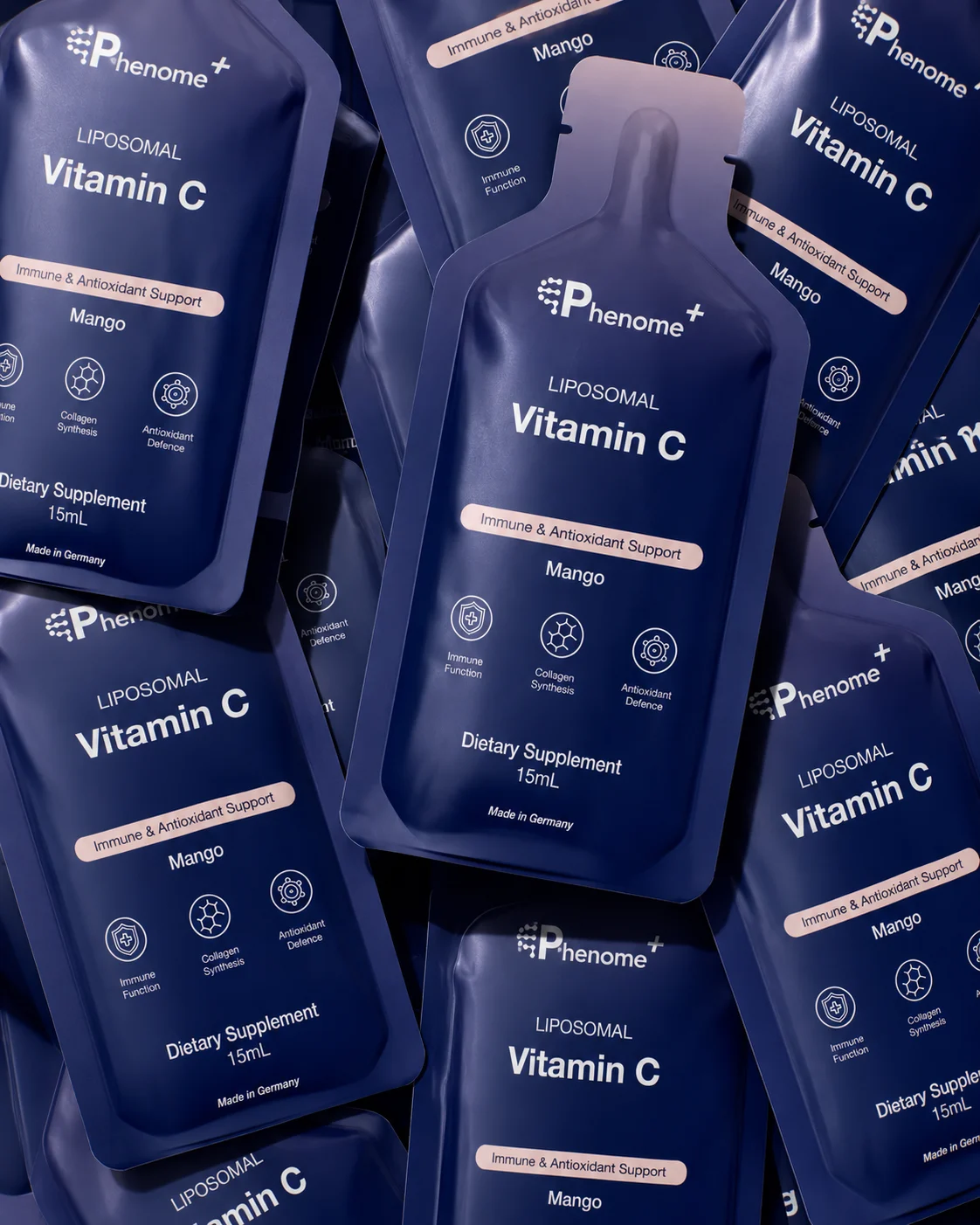A pile of Phenome+ Liposomal Vitamin C sachets