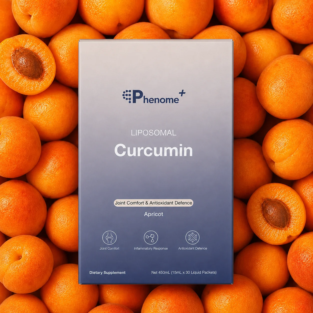 A box of Phenome+ Liposomal Curcumin lying on apricots