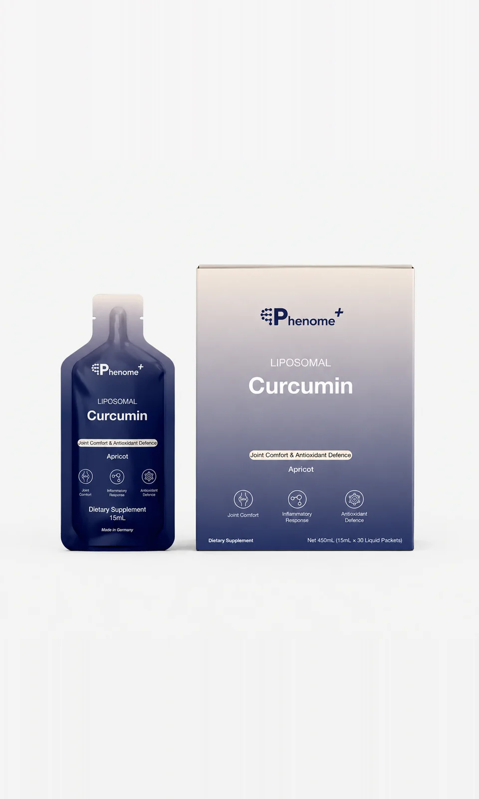 Phenome+ Liposomal Curcumin: a sachet beside its box