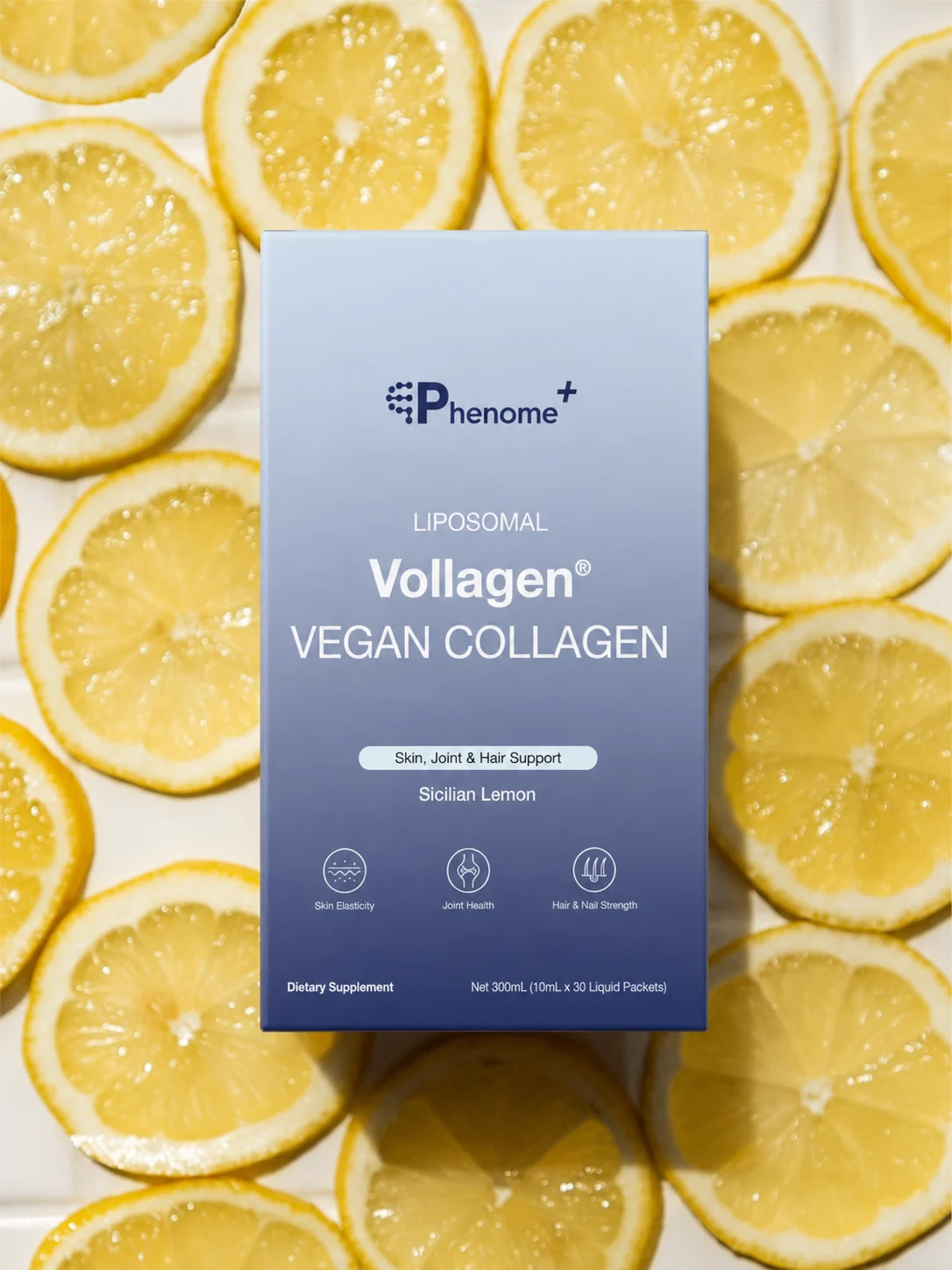 A box of Phenome+ Liposomal Vollagen lying on slices of lemon