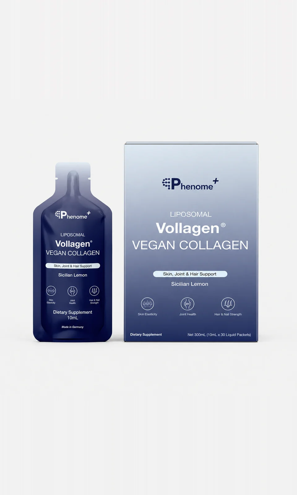 Phenome+ Liposomal Vollagen: a sachet beside its box