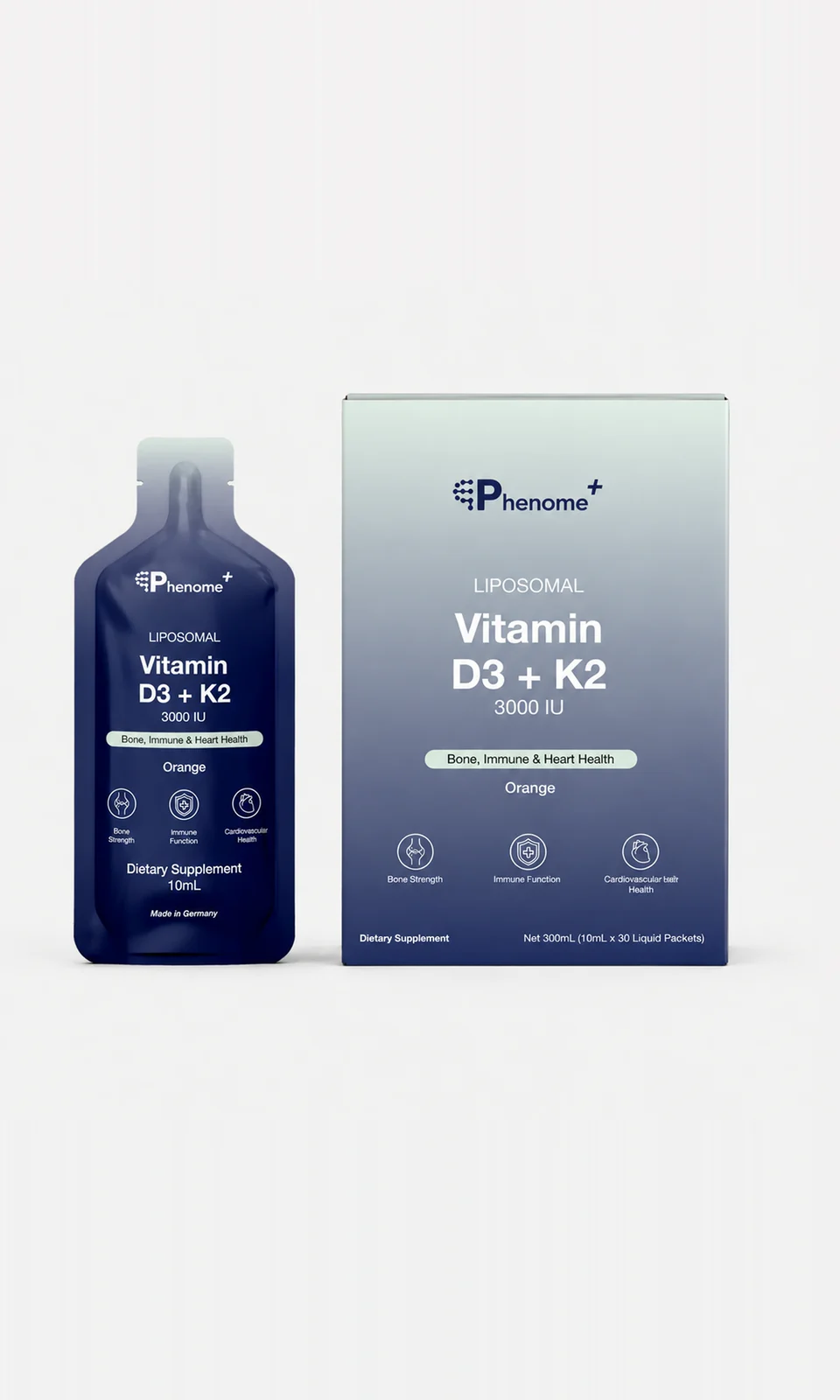 Phenome+ Liposomal Vitamin D3+K2: a sachet beside its box