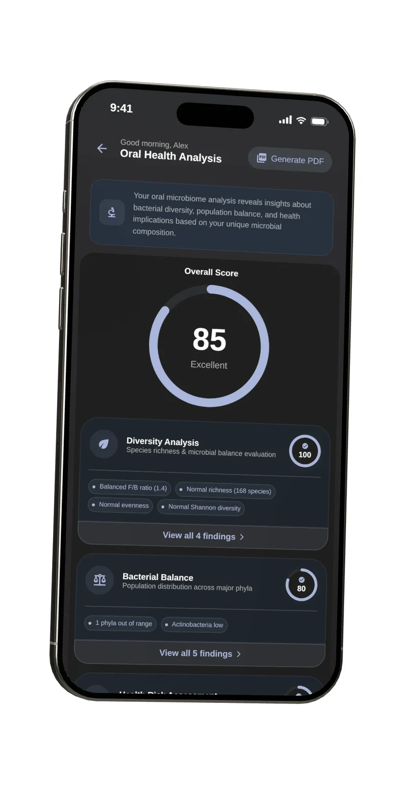 Oral Microbiome Test results in the Phenome app, on a phone