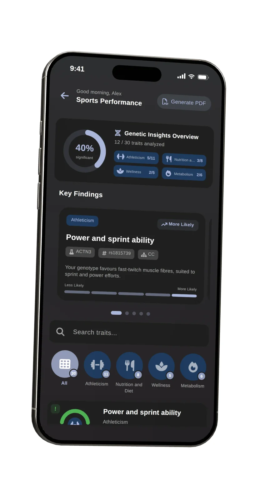 Sports Performance Test results in the Phenome app, on a phone